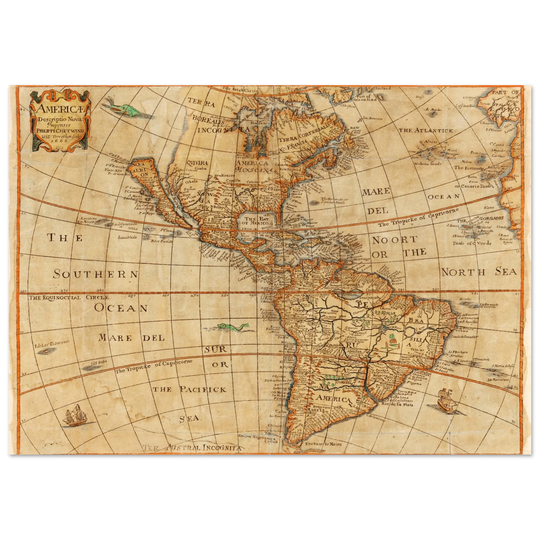 Ancient map of America. "Americae Descriptio Nova" by Philip Chetwind