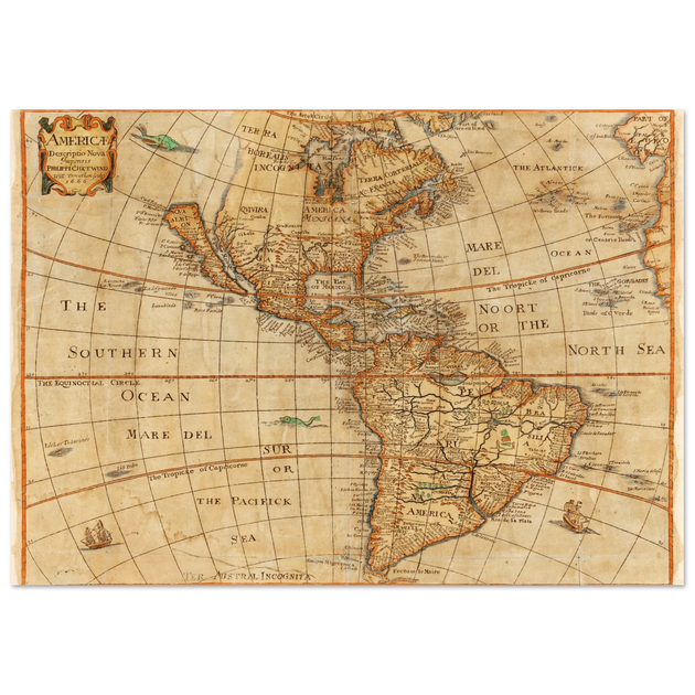 Ancient map of America. "Americae Descriptio Nova" by Philip Chetwind