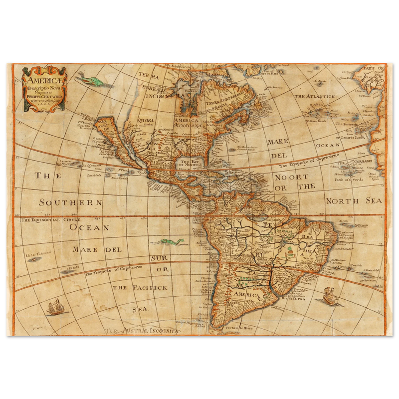 Ancient map of America. "Americae Descriptio Nova" by Philip Chetwind