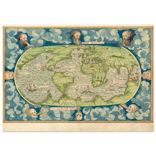 Ancient vintage old map of the world poster reproduction by Guillaume Le Testu 1555