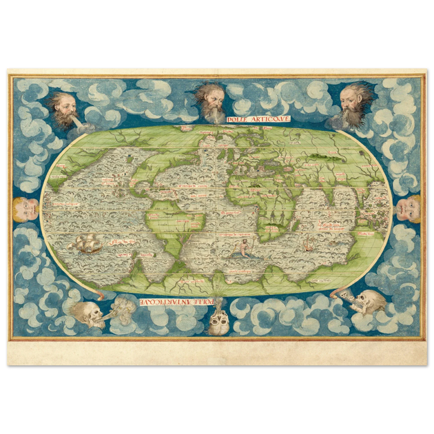 Ancient vintage old map of the world poster reproduction by Guillaume Le Testu 1555