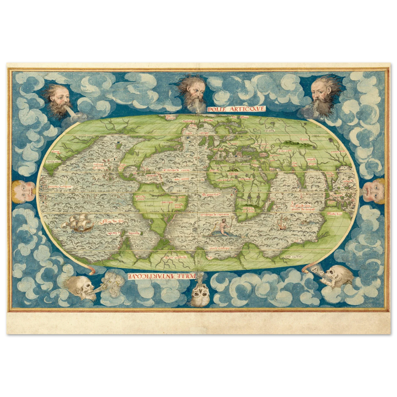 Ancient vintage old map of the world poster reproduction by Guillaume Le Testu 1555