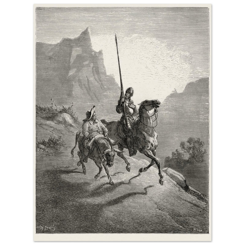 Don Quixote riding with Sancho Panza illustration by Gustave Dore.