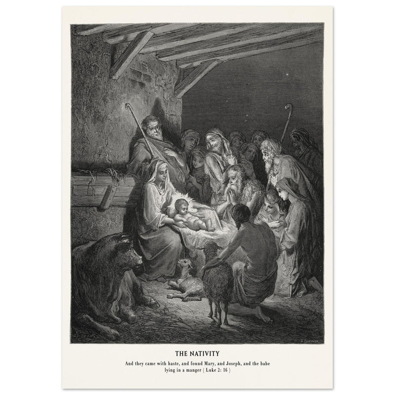 Gustave Dore The Bible engraving print . The Nativity illustration . The birth of Jesus Christ in Bethlehem