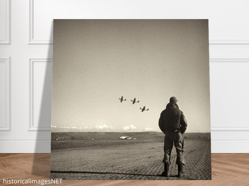 Airman standing in airfield in Italy 1945. Fine art black and white toned print