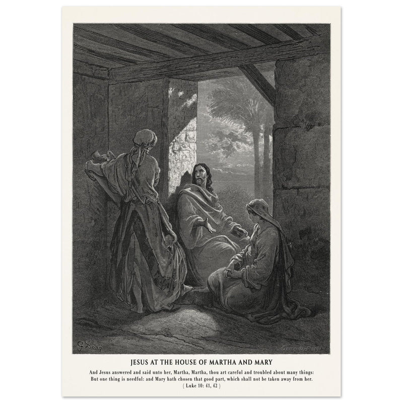 Gustave Dore The Bible engraving print . Jesus at the house of Martha and Mary .