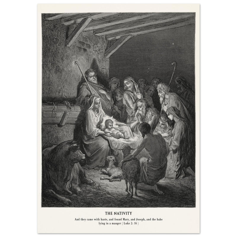 Gustave Dore The Bible engraving print . The Nativity illustration . The birth of Jesus Christ in Bethlehem