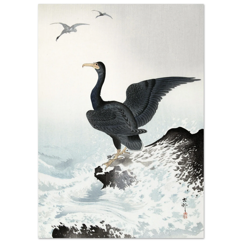 Ohara Koson Red-faced cormorant on rock, woodblock print  art