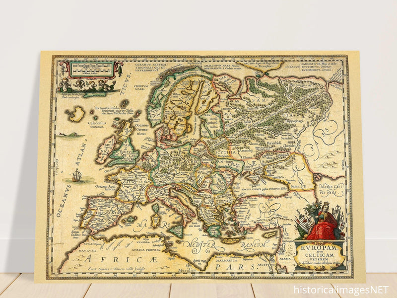 Ancient map of Europe print by Ortelius. Vintage old map reproduction poster..