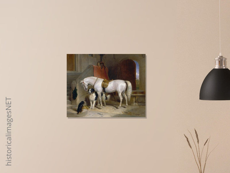 White horse in stable with dogs antique painting by Edwin Landseer.