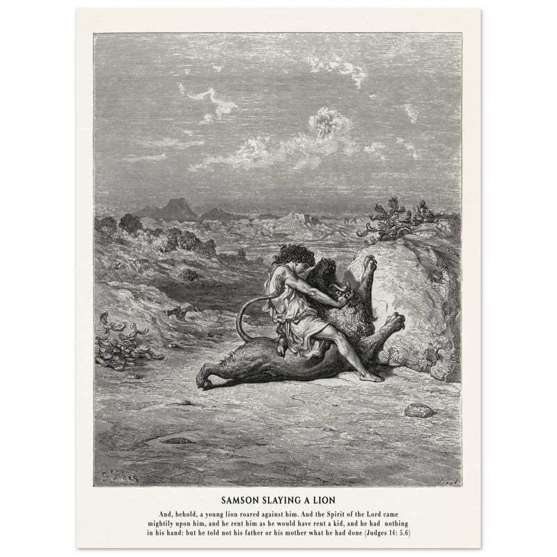 Gustave Dore The Bible engraving print . Samson slaying a lion illustration .