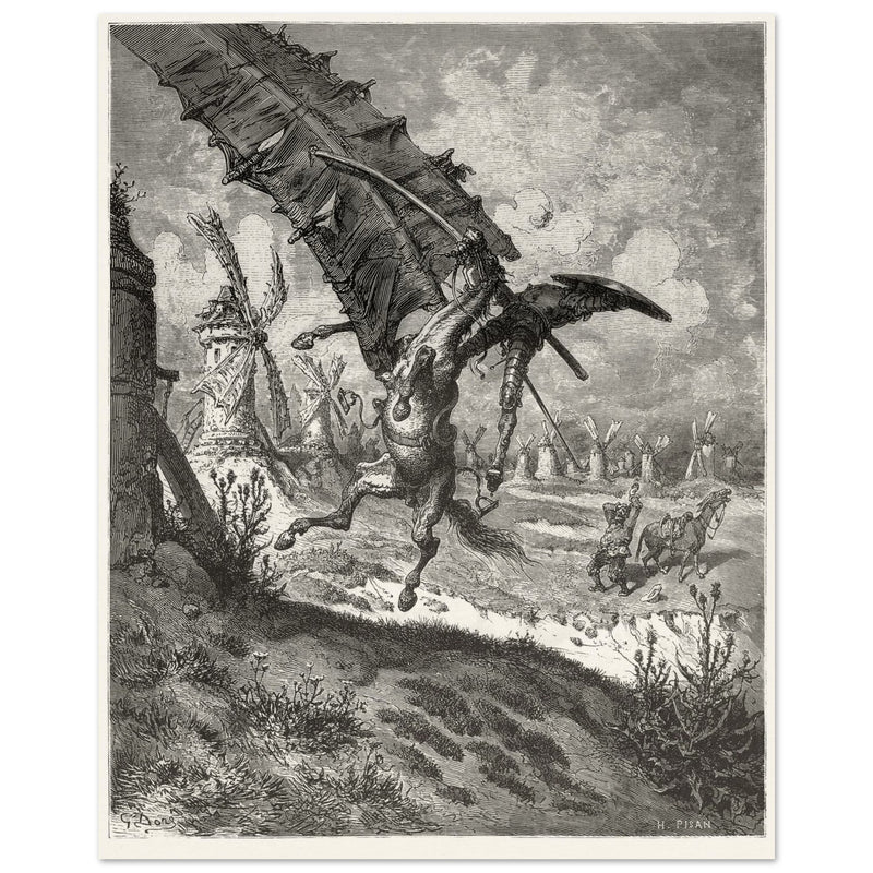 Don Quixote illustration by Gustave Dore. Fight with the wind mills .