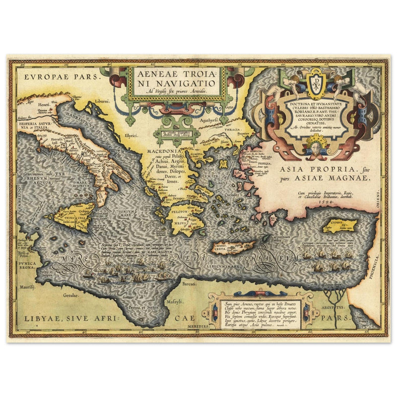 Ancient map of Europe and Asia tracing the sea route to Troy across the Mediterranean sea by Abraham Ortelius