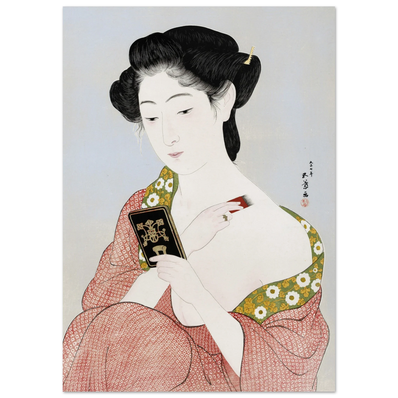 Hashiguchi Goyo woodblock print Make up Japanese woman applying make up and looking at her mirror