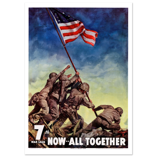 US soldiers rising american flag on mount Iwo Jima. World War 2 vintage poster