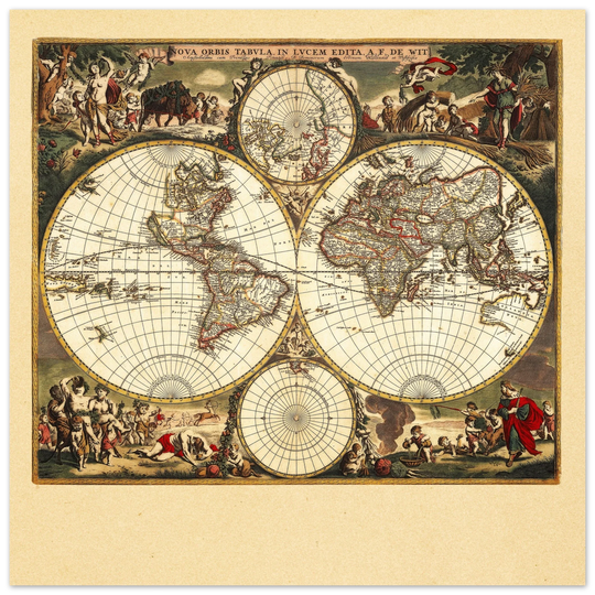 Antique world map. 1660 double-hemisphere world map titled Nova Orbis Tabula, in Lucem Edita by Frederik de Wit
