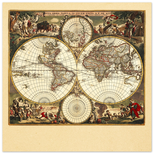 Antique world map. 1660 double-hemisphere world map titled Nova Orbis Tabula, in Lucem Edita by Frederik de Wit