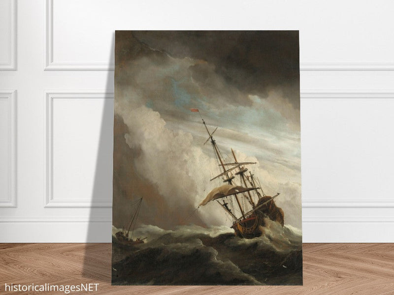 Willem van de Velde A Ship on the High Seas Caught by a Squall, Known as The Gust. Old marine painting. Stormy sea.