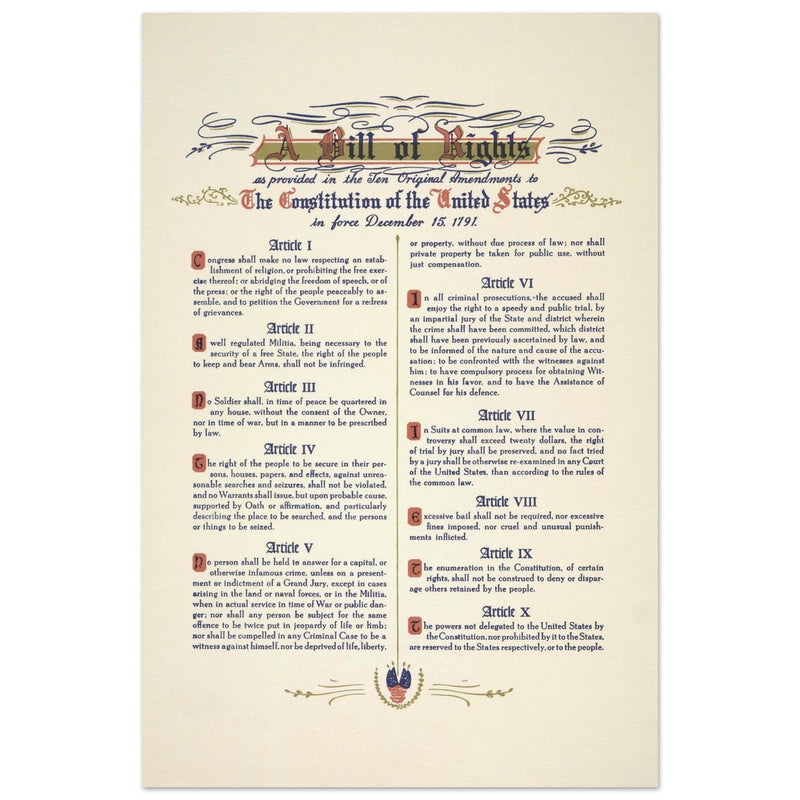 A Bill of Rights as provided in the ten original amendments to the constitution of the United States of America.