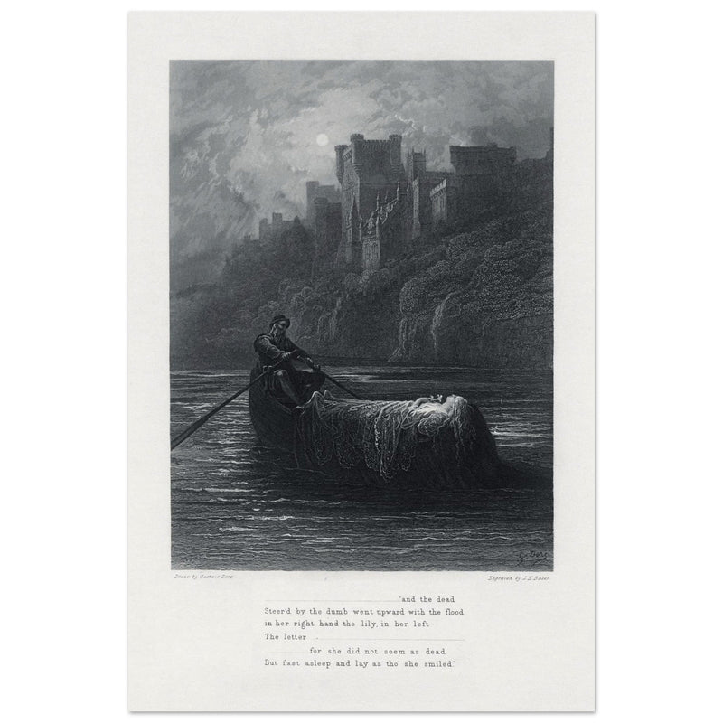 Gustave Dore illustration .The Body of Elaine on its way to King Arthur's Palace. Idylls of the King by Alfred Tennyson.