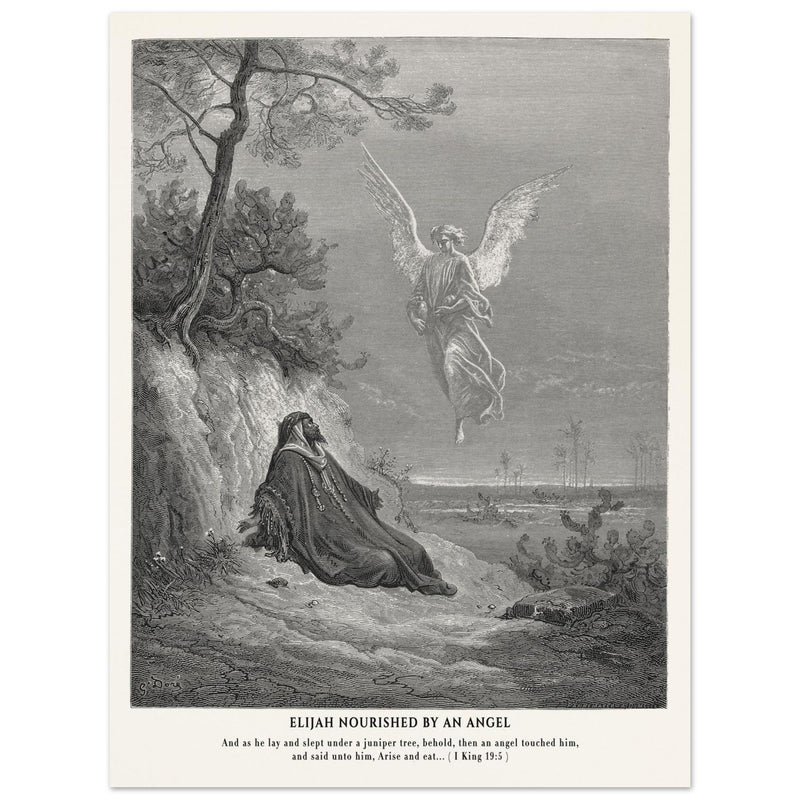 Gustave Dore The Bible engraving print . Elijah nourished by an angel illustration .