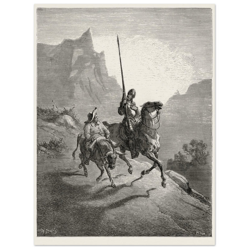 Don Quixote riding with Sancho Panza illustration by Gustave Dore.