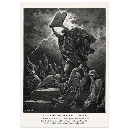 Gustave Dore The Bible engraving print . Moses breaking the Tables of the Law .