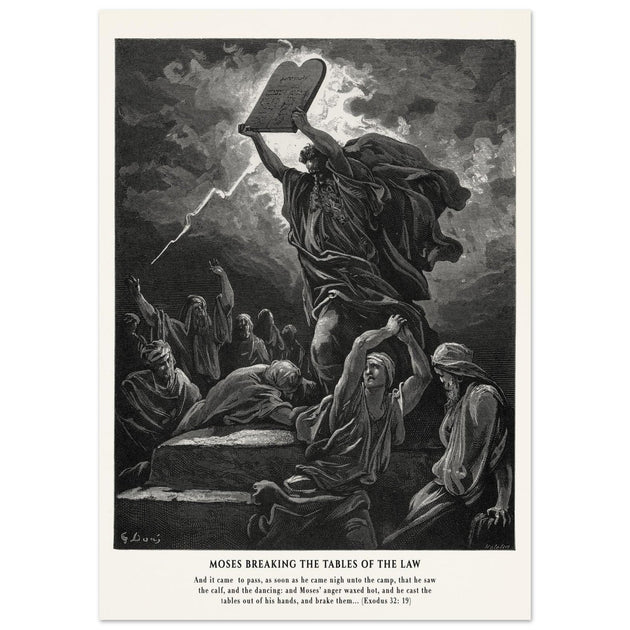 Gustave Dore The Bible engraving print . Moses breaking the Tables of the Law .