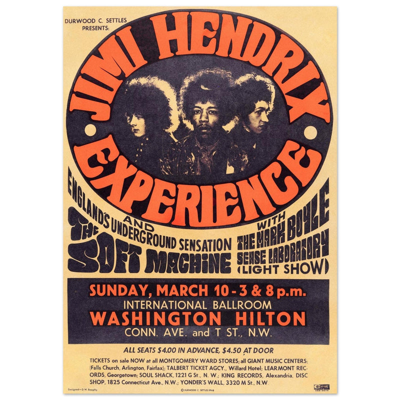 Jimi Hendrix experience vintage music poster . Washington Hilton performance in 1968.