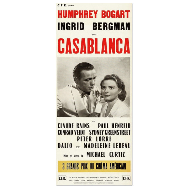 Casablanca with Humphrey Bogart and Ingrid Bergman movie poster. Vintage prints of films that changed cinema