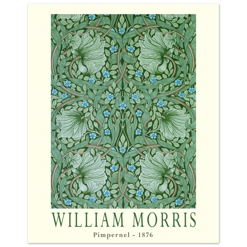 William Morris Pimpernel 1876. Green leaves and flowers wintage wallpaper art print.