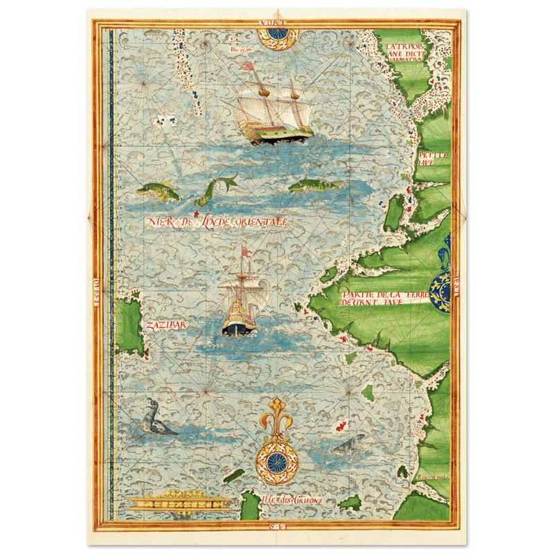 Ancient illustrated beautiful map poster reproduction by Guillaume Le Testu 1555
