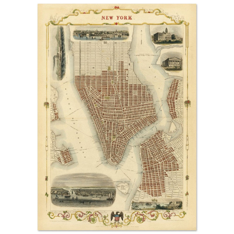 Vintage New York City map. Antique city plan of the city of New York.