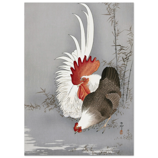 Rooster and chicken by Ohara Koson
