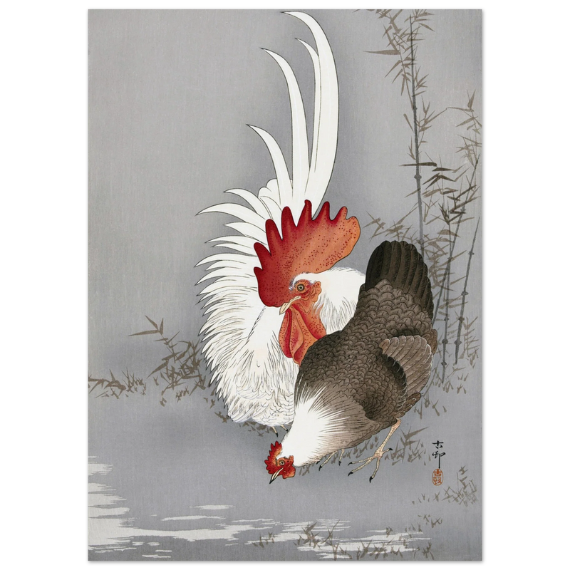 Rooster and chicken by Ohara Koson