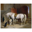 White horse in stable with dogs antique painting by Edwin Landseer.